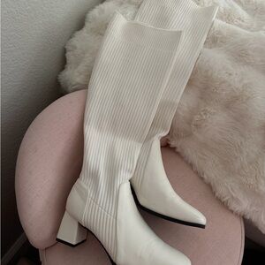 White Stretch Knee-High Boots